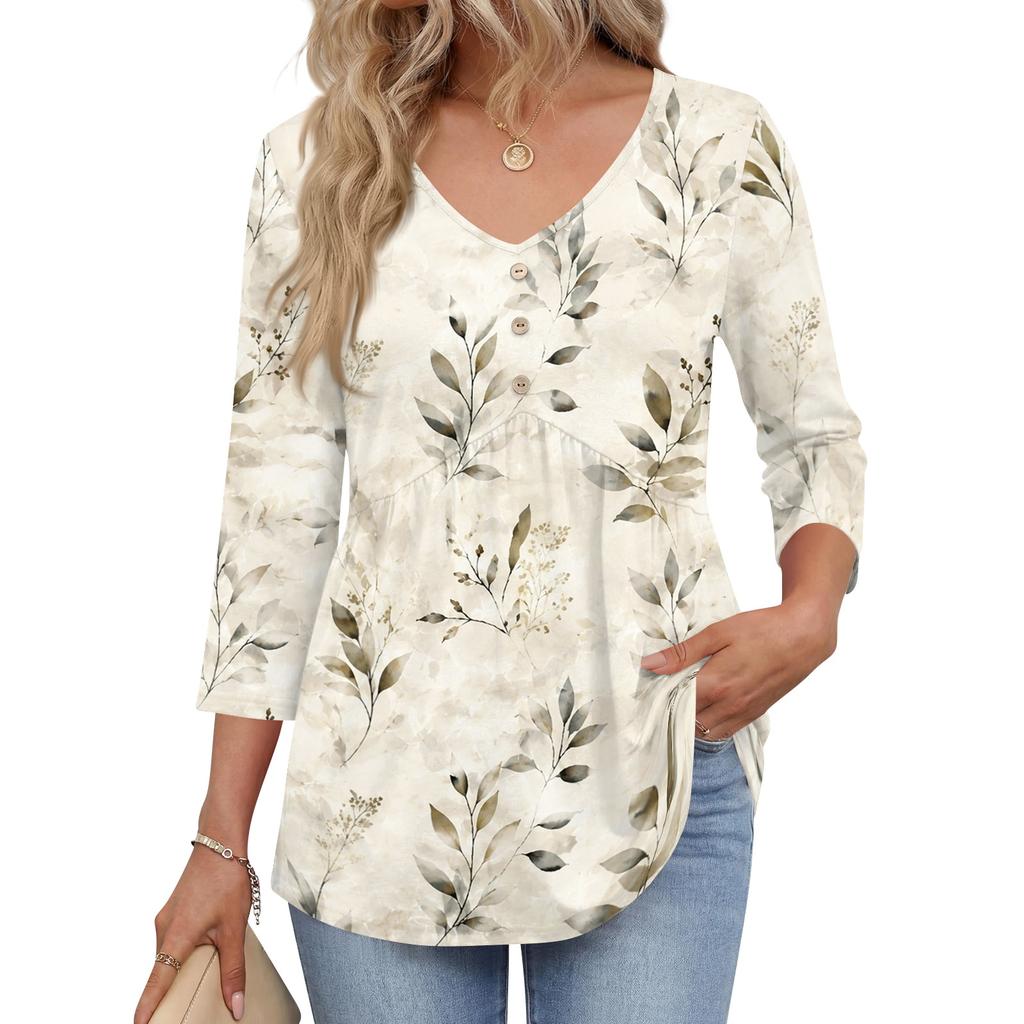Womens 3/4 Sleeve V Neck Button Detail Floral Print Tunic Top Casual Loose Fit Lightweight Blouse