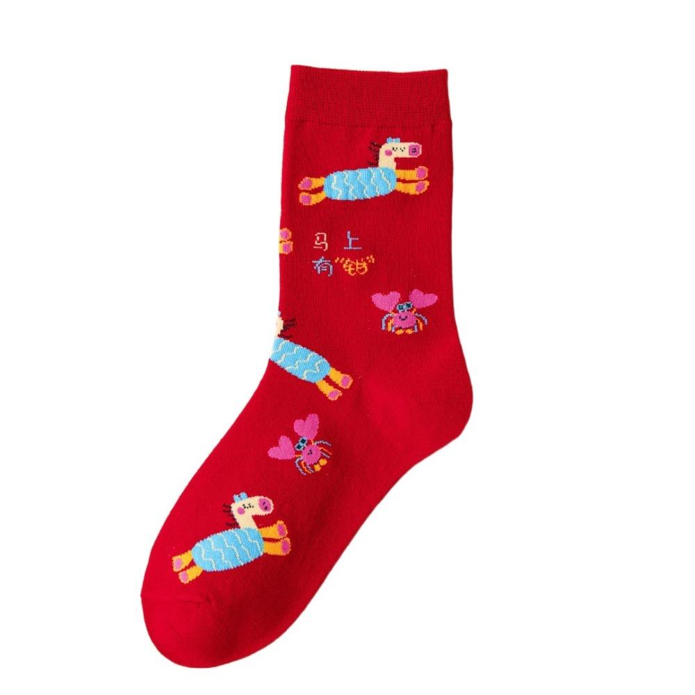 Cartoon Horse Red Socks Cotton Women Horse Tube Socks Breathable New Year Red Socks  Streetwear