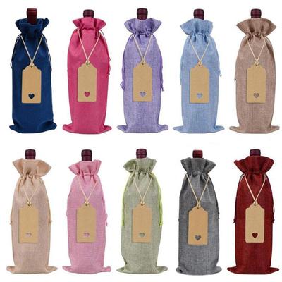 10Pcs Burlap Drawstring Wine Bag Jute Wine Bottle Wrapping Cover with Tags Reusable Wine Gift Bag for Christmas Xmas Party Decor