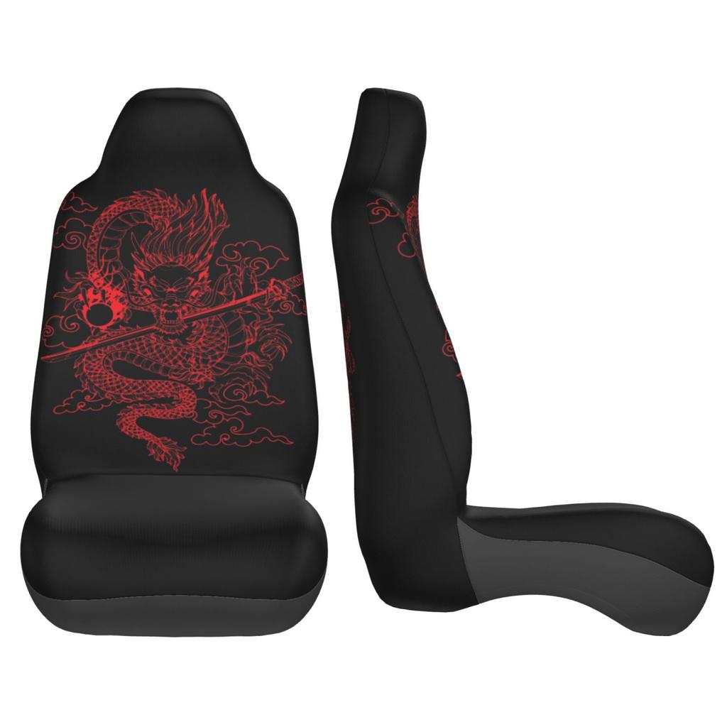 Red Chinese Dragon Totem Print Car Seat Covers Set of 2 Front Bucket Seat Protector Accessories Universal Fit Most Cars Trucks
