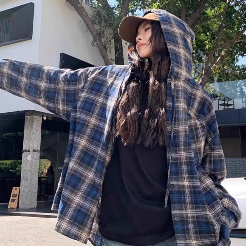 Women's 2025 Autumn/Winter Plaid Shirt - Korean Style, Loose Fit, Long Sleeve, Retro Casual, Plus Size for Couples
