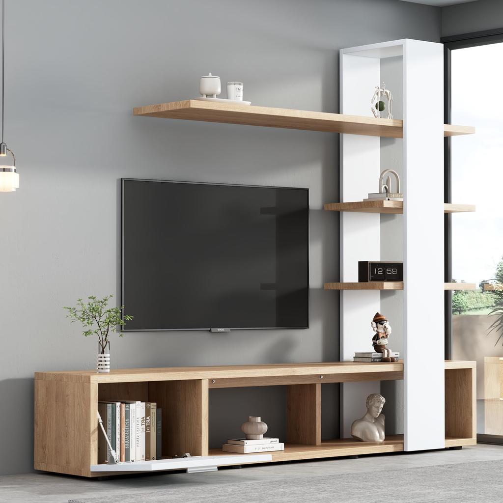 Wohnwand Wohnzimmer, Wohnzimmer Möbel Set, 1x TV Lowboard, Wandregal, Komplett, Elegante Mediawand, Viel Stauraum, 60 Zoll TVs, Weiß & Holzfarbe