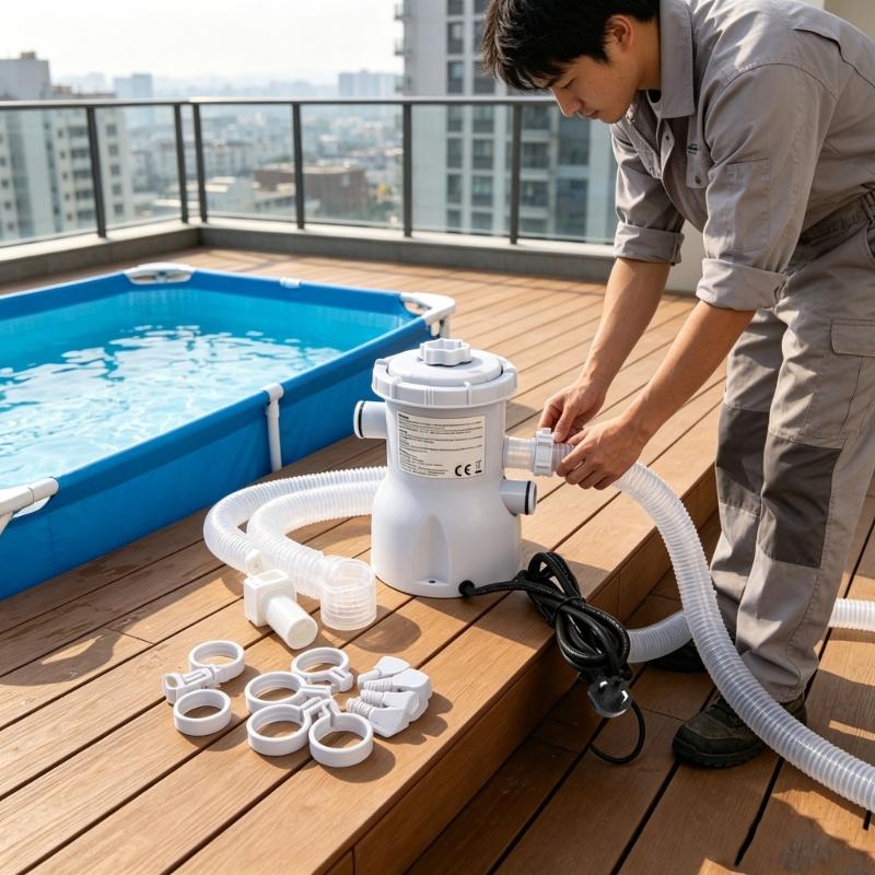 Pool Water Cycling Pump with Filter Insert, 330 Gallon Above Ground Pool Unit, Three-Pin Plug, Twin Hose Inlets and Connection Parts