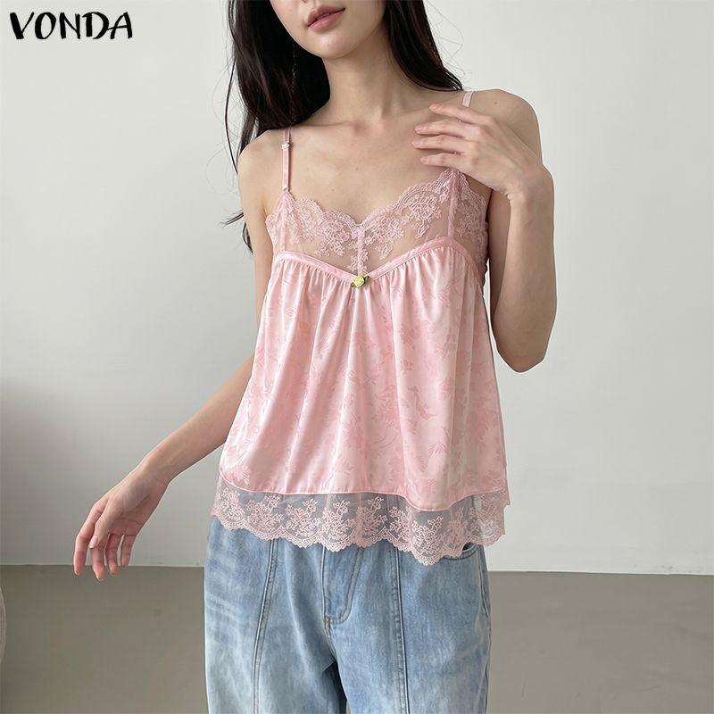 VONDA Women's Sexy Lace Trim V-Neck Sleeveless Spaghetti Strap Cami Tank Top