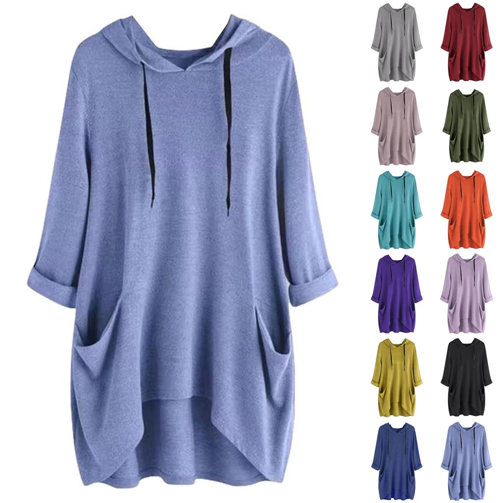 Women's Fashionable Solid Color Long Sleeved Pocket Long Loose Pullover Top