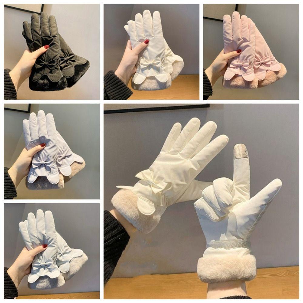 Soft Plush Thickened Gloves  Satin Windproof Gloves Gift Bow Anti-cold Mittens  Daily