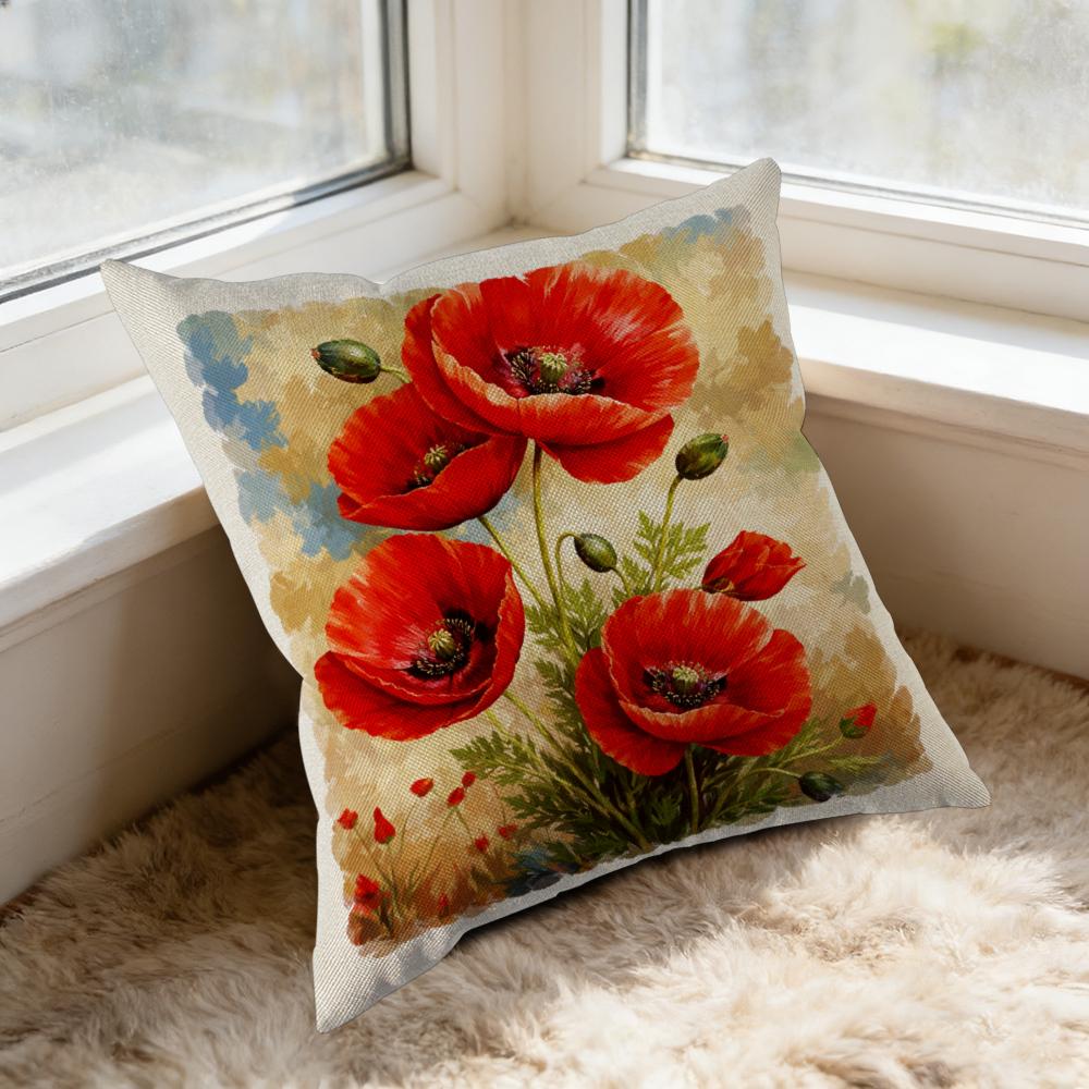 Poppy Flower Decorative Throw Pillow Red Floral Print With Green Leaves And Seeds For Living Room Bedroom