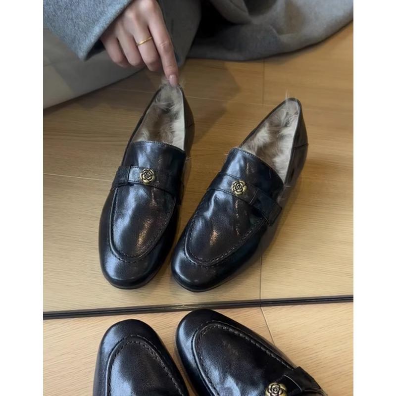 Blue Cabinet~ Rabbit Hair~ Loafers Women's Autumn and Winter New Coarse Heel French Single Shoes Versatile Fleece Warm Cotton Shoes Small Leather Sh