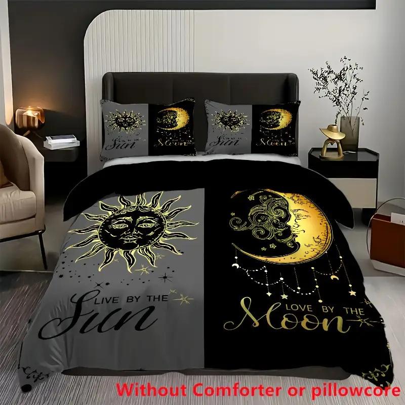 Boho Sun and Moon Duvet Cover Set Black White Floral Bedding Set Bohemian Exotic Comforter Covers Queen Bedroom Decor All Season