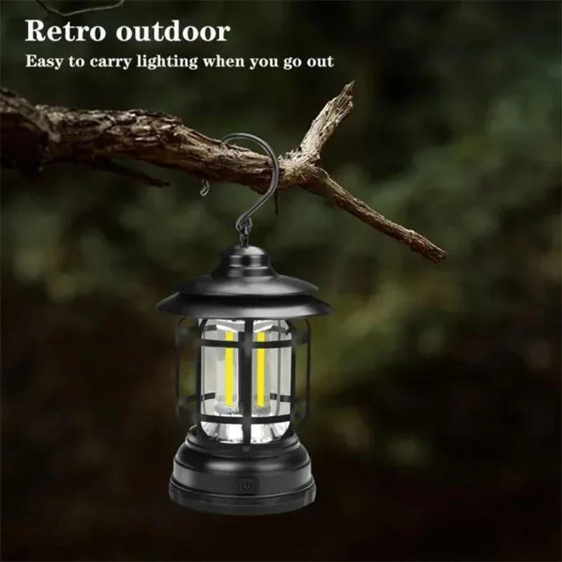 Camping Lantern USB Rechargeable Battery Powered Retro Camping Light Waterproof Hanging LED Tent Lamp for Hiking Fishing