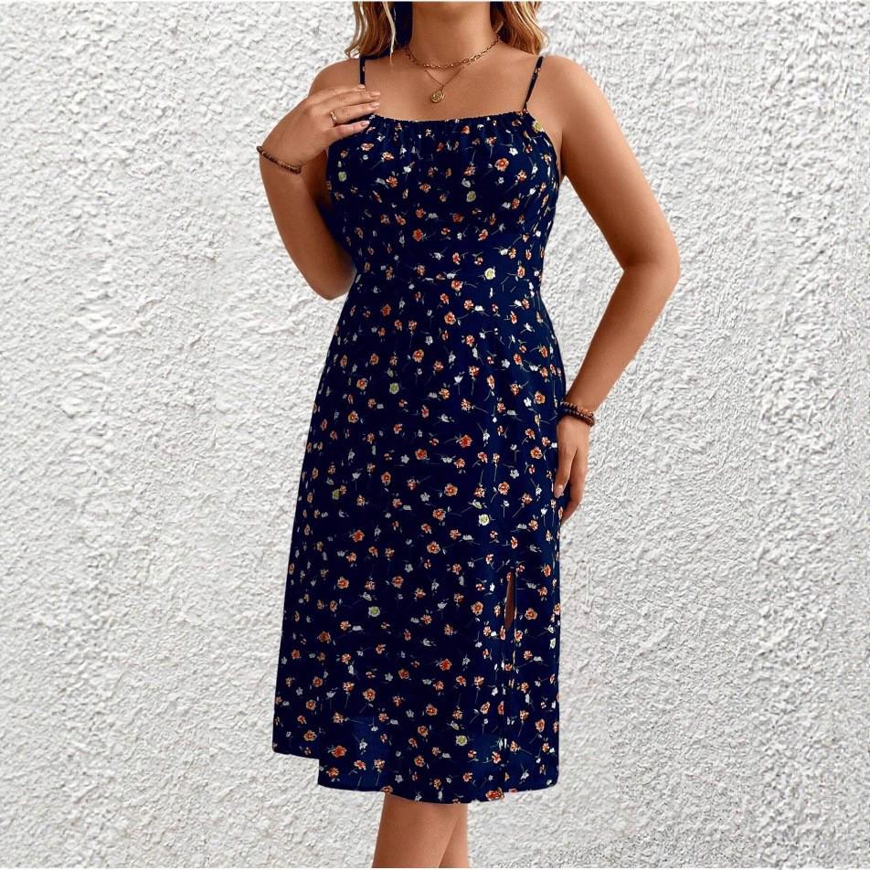 Y2 Retro Floral Print Plus Size Spaghetti Strap Slit Dress 4XL