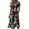 Women's Casual V Neck Waist Cinched Floral Print Short Sleeve Midi Dress Lightweight Comfortable Fabric Summer Dress