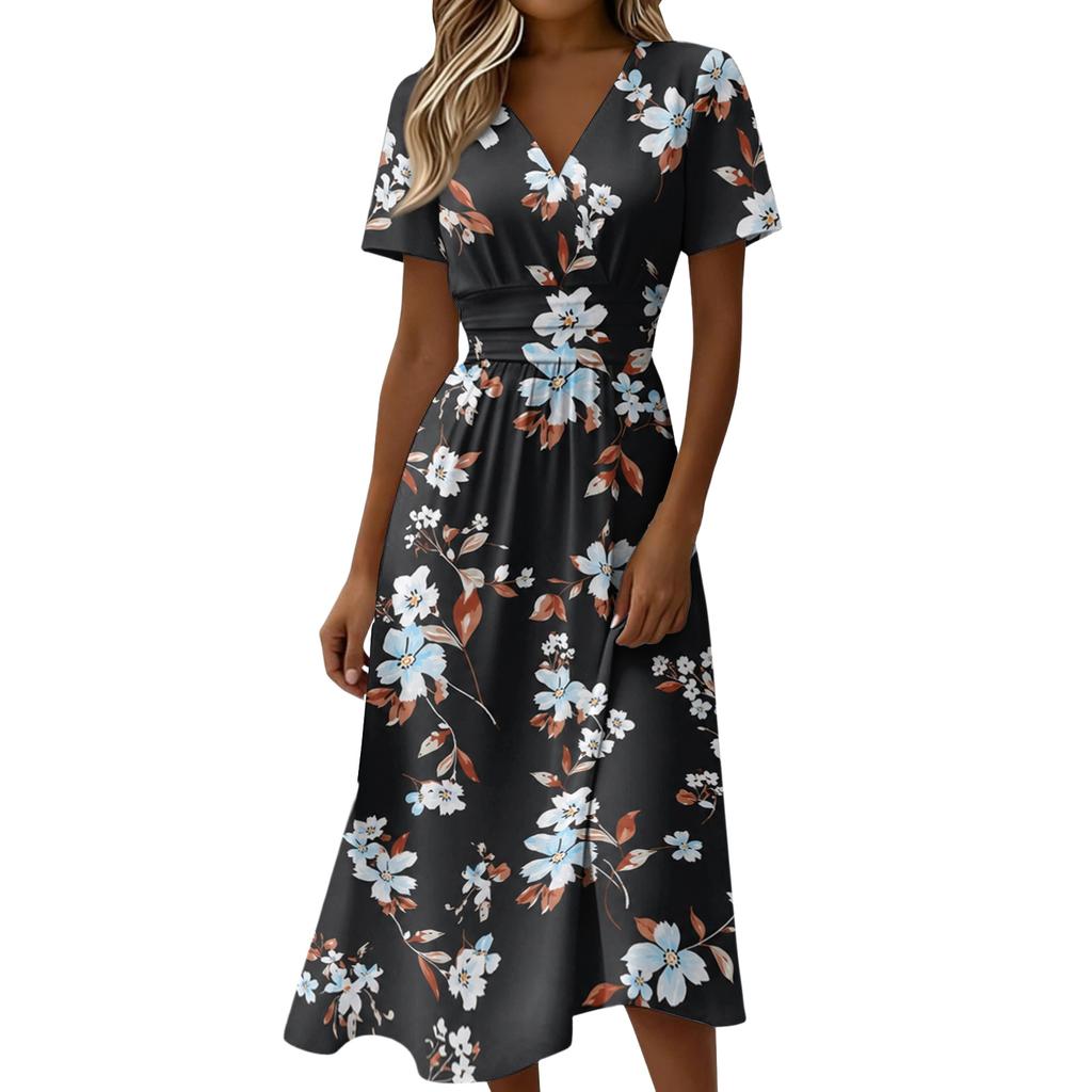 Women's Casual V Neck Waist Cinched Floral Print Short Sleeve Midi Dress Lightweight Comfortable Fabric Summer Dress