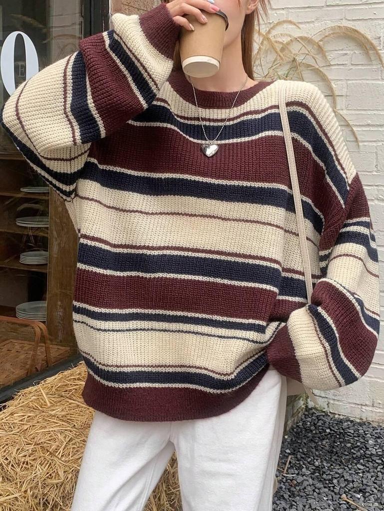 Women's Winter Retro Striped Sweater - Color Block Round Neck Pullover, Casual Loose Knitwear