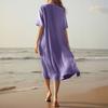 Women's Fashionable Cotton And Linen Button Solid-color Half-sleeved Loose Pocket Dress