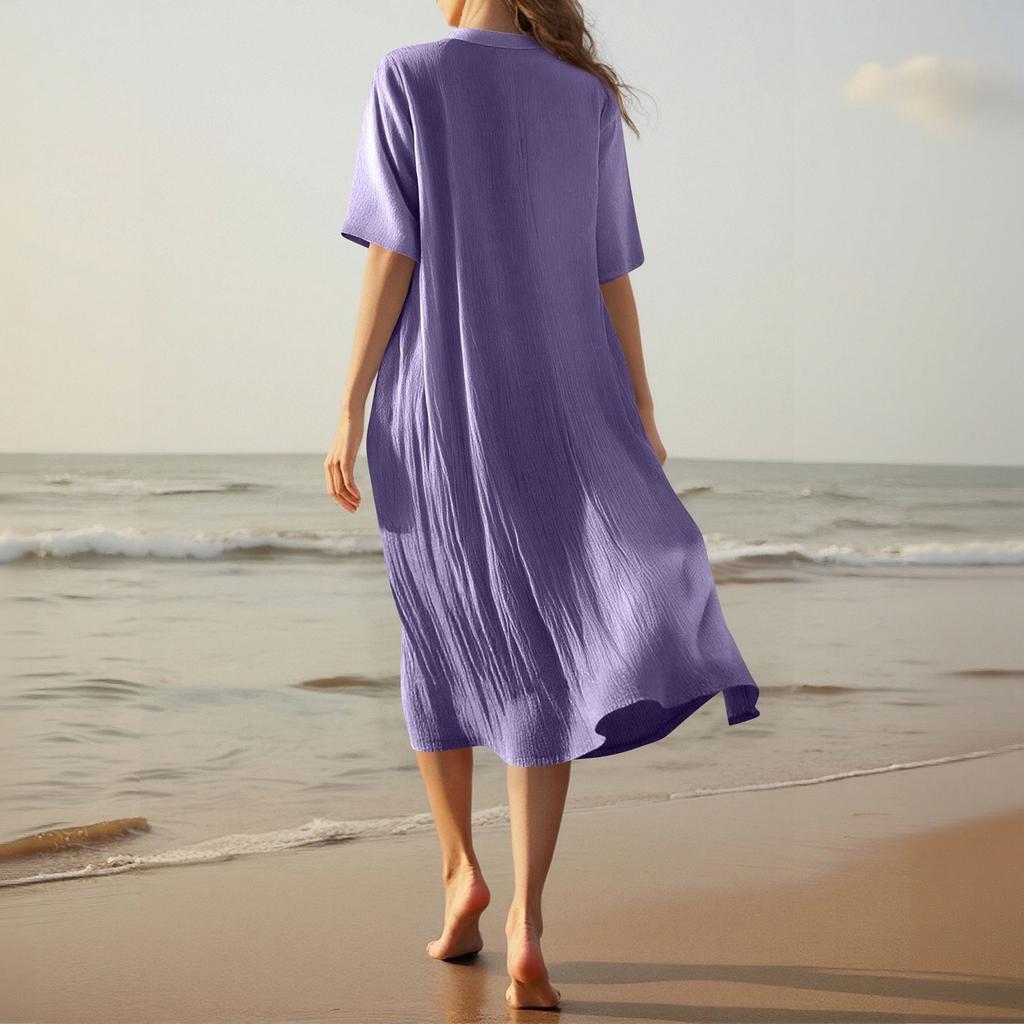 Women's Fashionable Cotton And Linen Button Solid-color Half-sleeved Loose Pocket Dress
