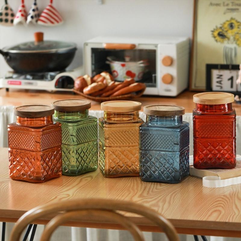 Glazen Bewaarpot Met Bamboe Deksel Voor Keukenorganisatie En Decoratie Geometrisch Patroon Koekjesbus