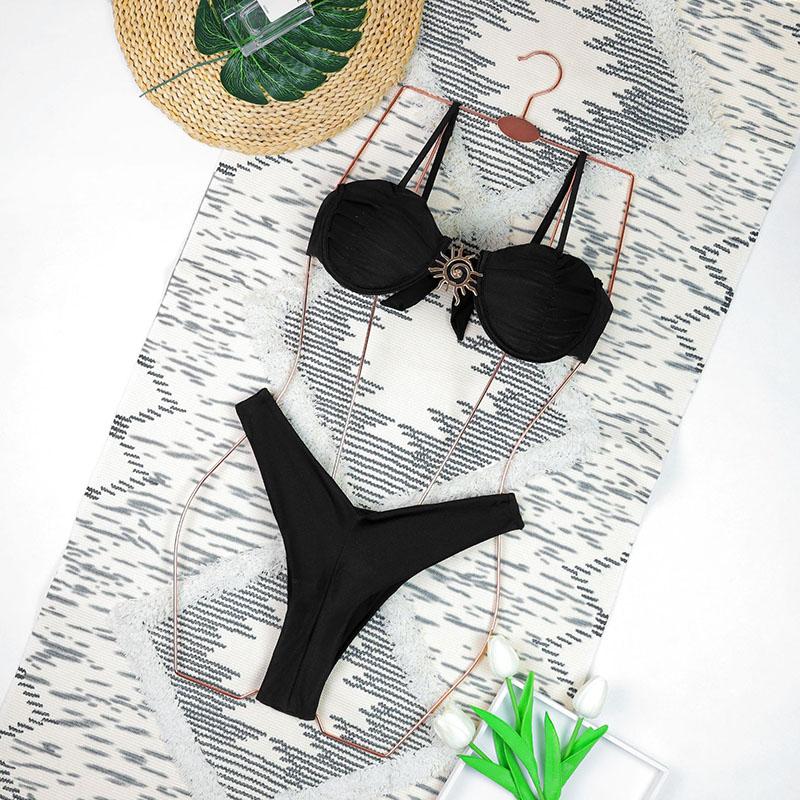 New Solid Color Steel Holder Sun Bikini Set Split Swimsuit Women's Two-piece Low Waist Swimwear