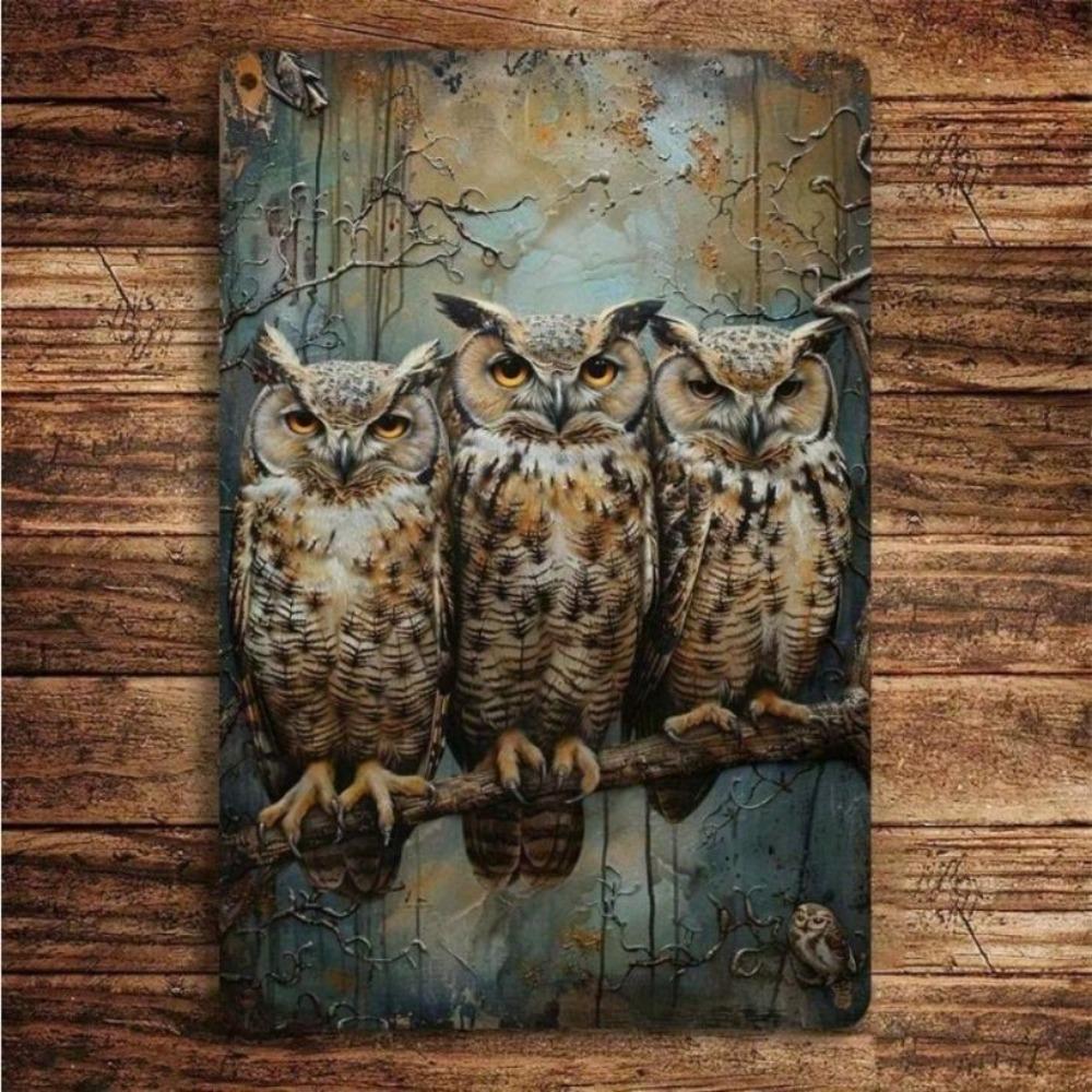 Tin Sign Wall Art Decor - Vintage Owl on Branch 20x30 cm for Bar Interior Gift