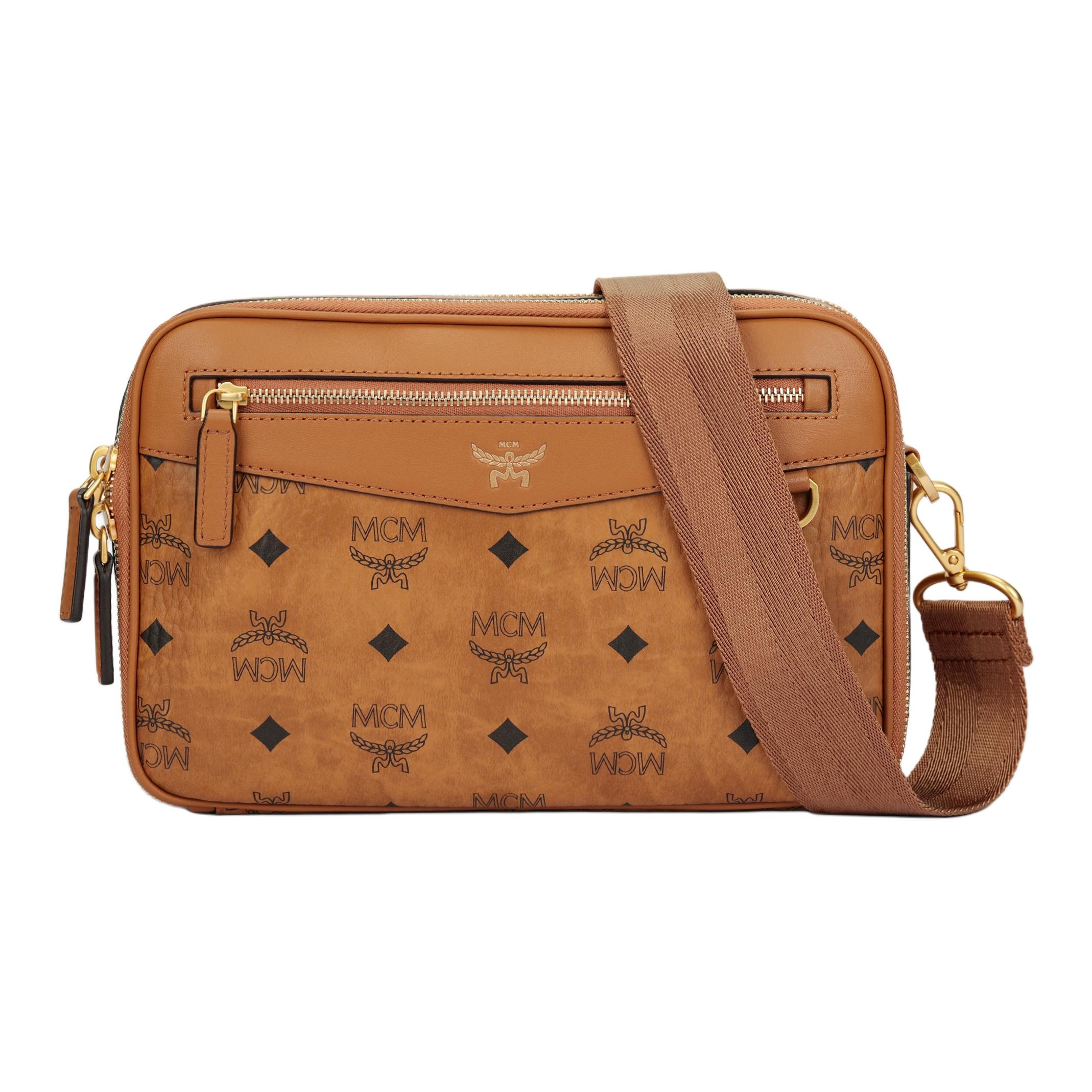 

MCM Visetos Cognac Leather Camera Crossbody Bag with Gold Hardware for Daily & Travel Use Basic Set (Bag+Dust Bag)