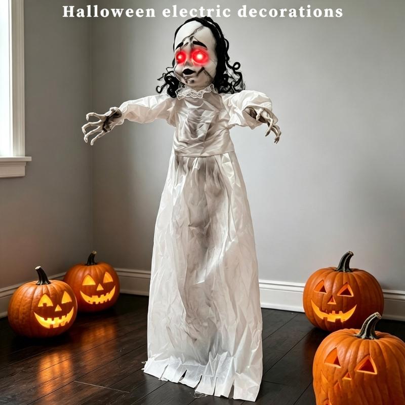 Sound Activated Halloween Figure with Walking Girl Character, White Dress Styling and Red Light Face Detail for Entryway Seasonal Display