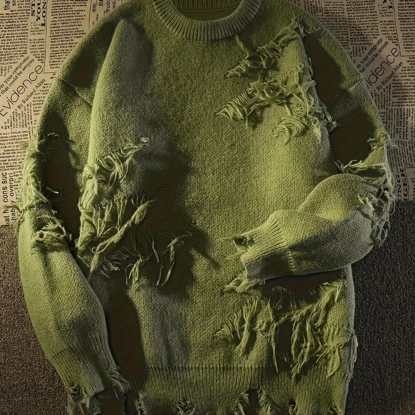

Однотонный свитер с круглым вырезом, повседневный вязаный свитер с длинными рукавами и рваными кисточками для осени и зимы, женская одежда XL оливковое зеленый