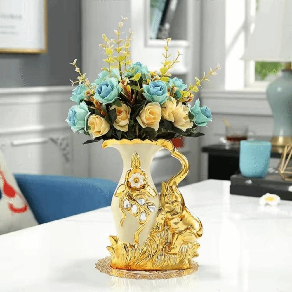 European Style Elephant Vase Modern Flower Container Flower Holder Ceramic Gold Vase  Dining Table