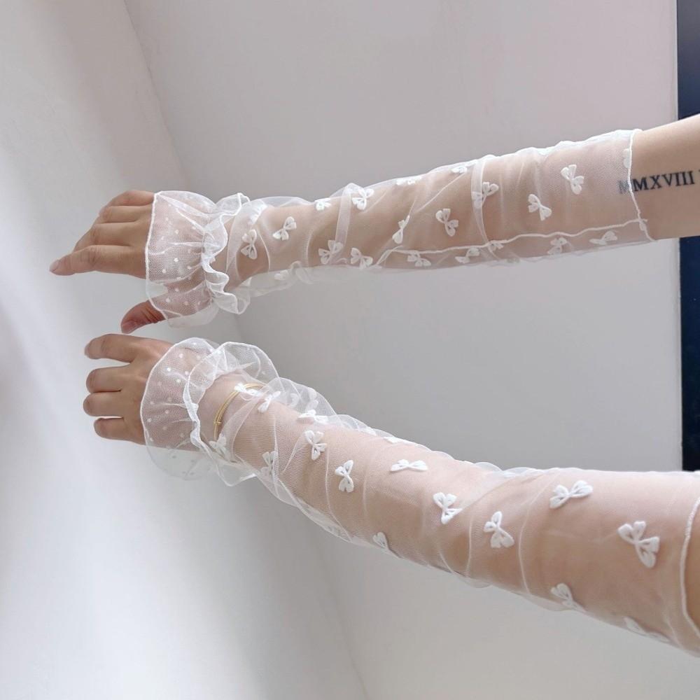 Breathable Lolita Arm Sleeves Bow Bridal Gloves Lace Mesh Sunscreen Sleeves Summer