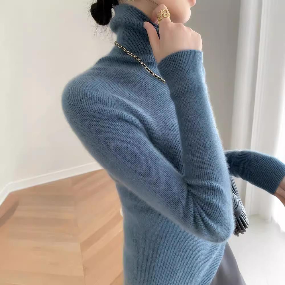 Women's Slim-Fit Ribbed Cashmere Sweater - Solid Color, High-Neck, Knitted Top for Autumn/Winter
