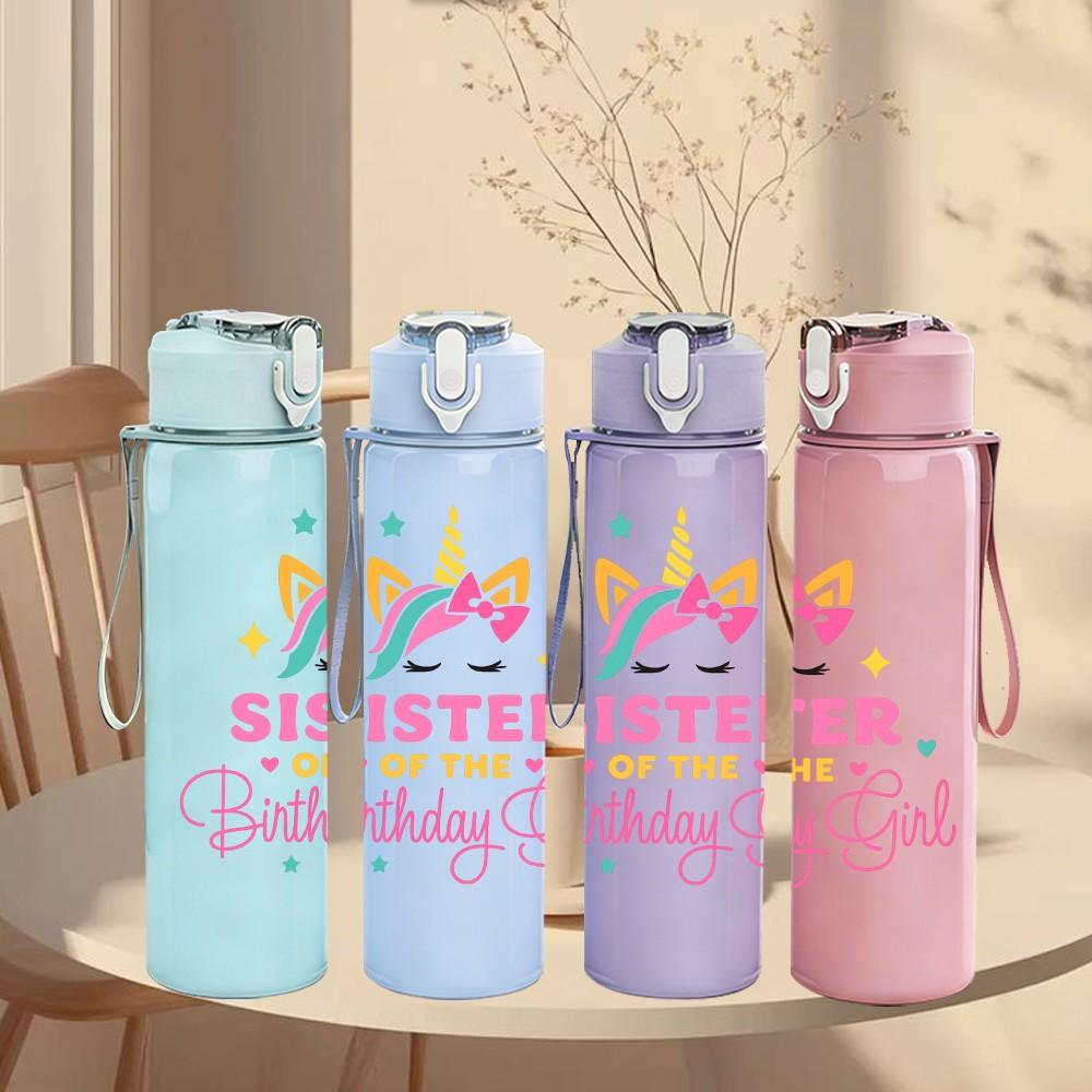 1PC Sister Of The Birthday Girl Unicorn 750ml Color Plastic Sports Water Bottle Leakproof Flip Straw Lid Suitable for Sports Office Home Use