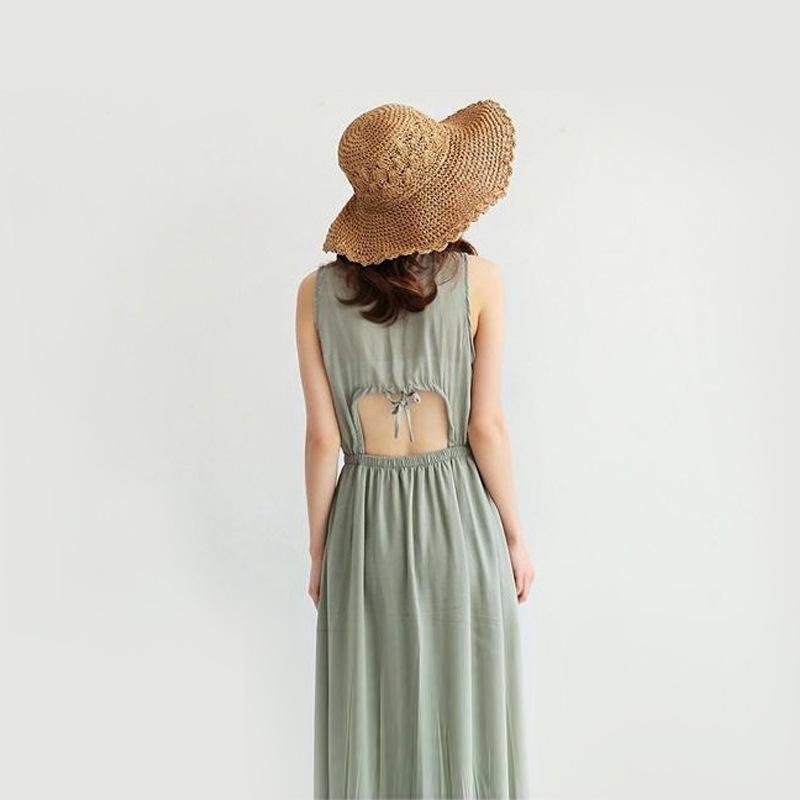 Women's Summer Korean Style Hand Crocheted Straw Hat Fashionable Simple Woven Hollow Out Wide Brim Hat Casual Vacation Beach Hat
