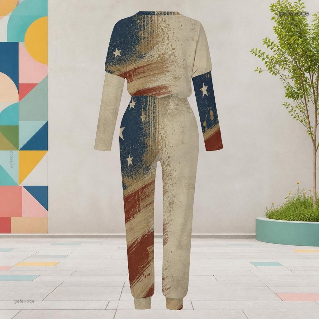 Women Plus Size Round Neck Long Sleeve Printed Two Piece Set Cuffed Top Cuffed Pants With Pockets
