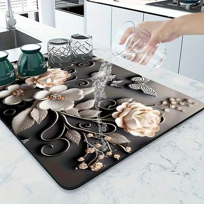 Luxuriöse Florale Kieselgur Trockenmatte Rutschfest Schnelltrocknend Saugfähig Spülbecken & Geschirr Trockengestell Matte Geeignet, Badezimmer, Kaffeemaschine, Badewanne - Abflussabdeckung