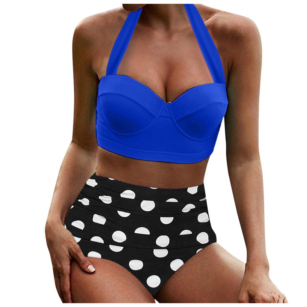 Women's Two Piece Swimsuit Halter Neck Top with High Waist Polka Dot Print Bottom Summer Beachwear Bathing Suit Set