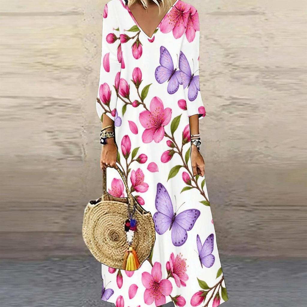 Women Plus Size V Neck Three Quarter Sleeve Floral Printed Long Maxi Dress