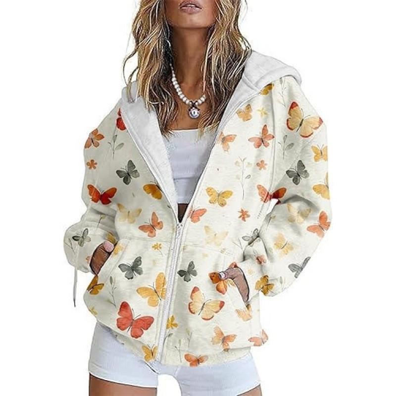 Womens Oversized Hooded Zip-Up Sweatshirt With 3D Printed Winter Casual Loose Fit