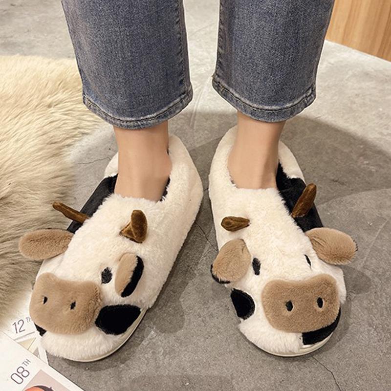 Crestar Women's Warm Cotton Slippers Cute Milk Cow Plush Slippers Winter Cartoon Casual Antiskid Cloud Slippers Furry Home Shoes
