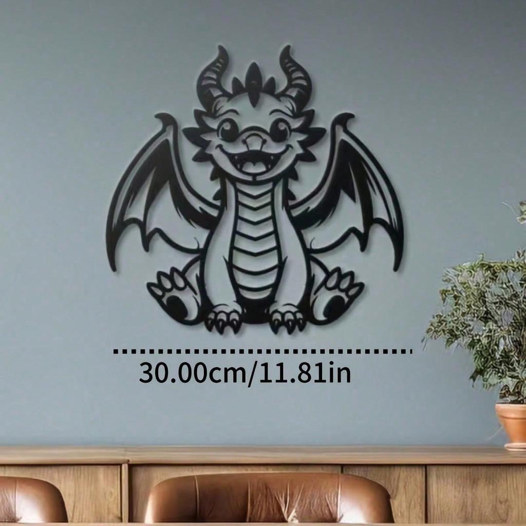 Cute Cartoon Dragon Metal Wall Art, Black & White Iron Decor for Kids Room & Nursery
