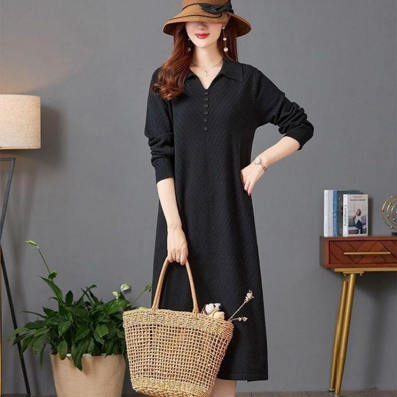 PO neck sweater skirt women's large size dress lapel autumn and winter knee medium and long new loose jacquard bottoming skirt