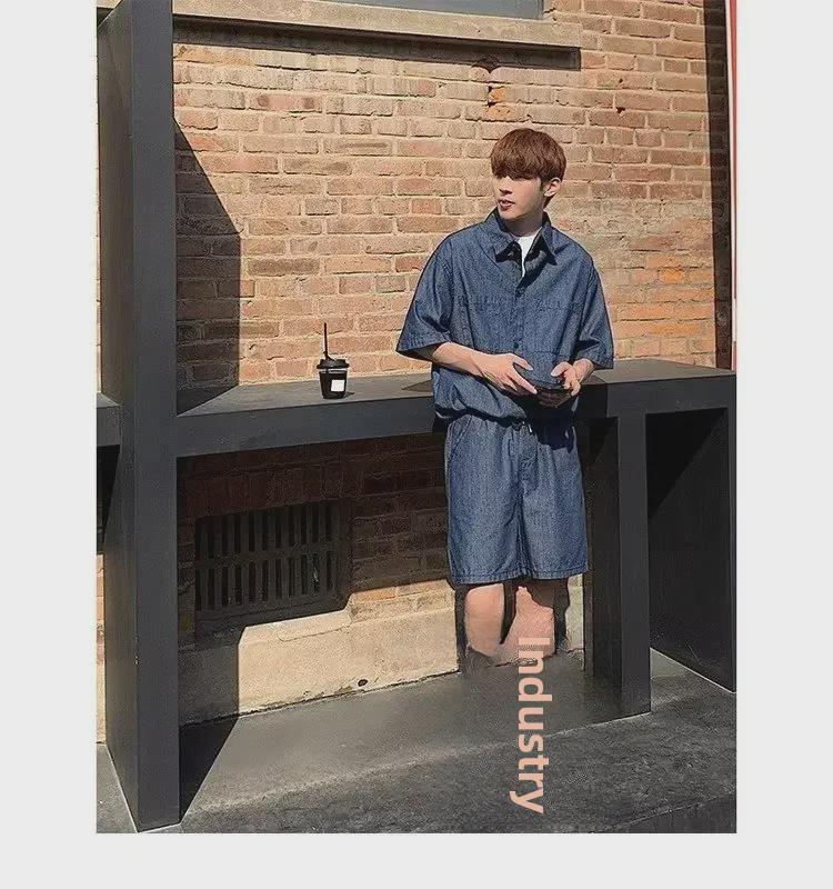 2023 Summer Men's Wash Denim Two-Piece Suit: Short-Sleeved Shirt & Half Pants Casual Set