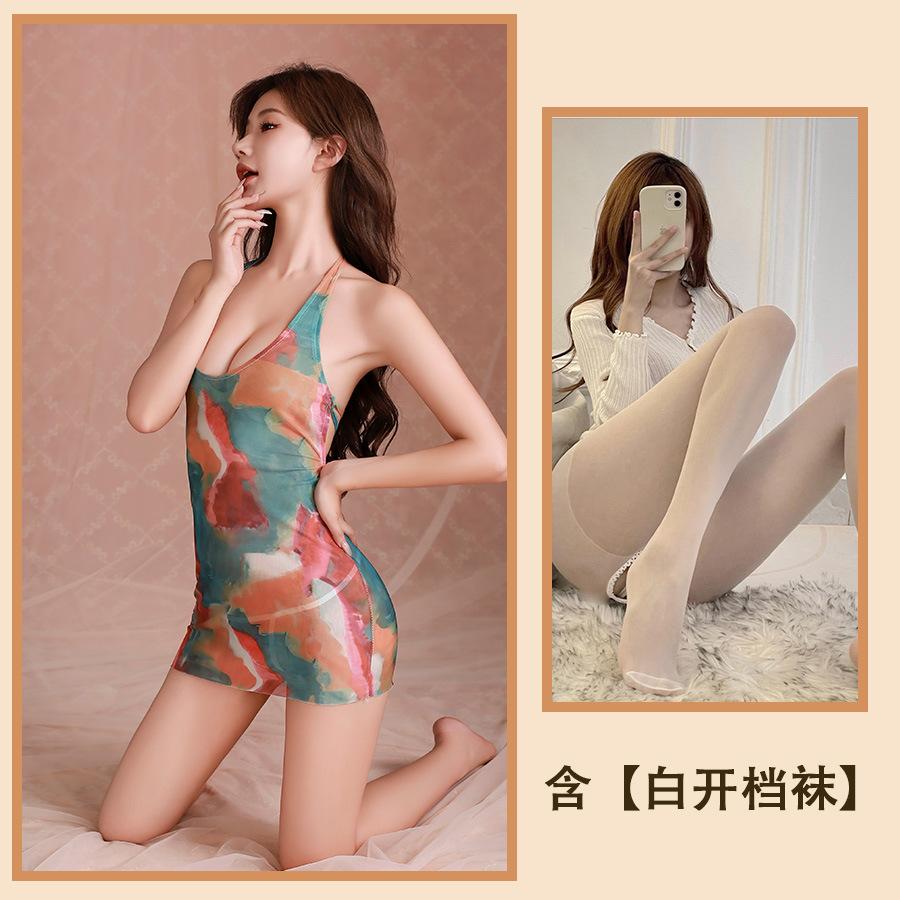 Sex Underwear Deep U Dew Ditch Smudge Printing Hip Skirt Summer Colorful Swimsuit Perspective Temptation Nightdress Woman