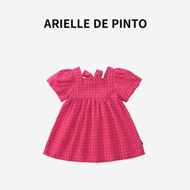 French Arielle De Pinto Girls  Summer Pastoral Style New Baby Trendy Summer Plaid Dress Red Plaid 140