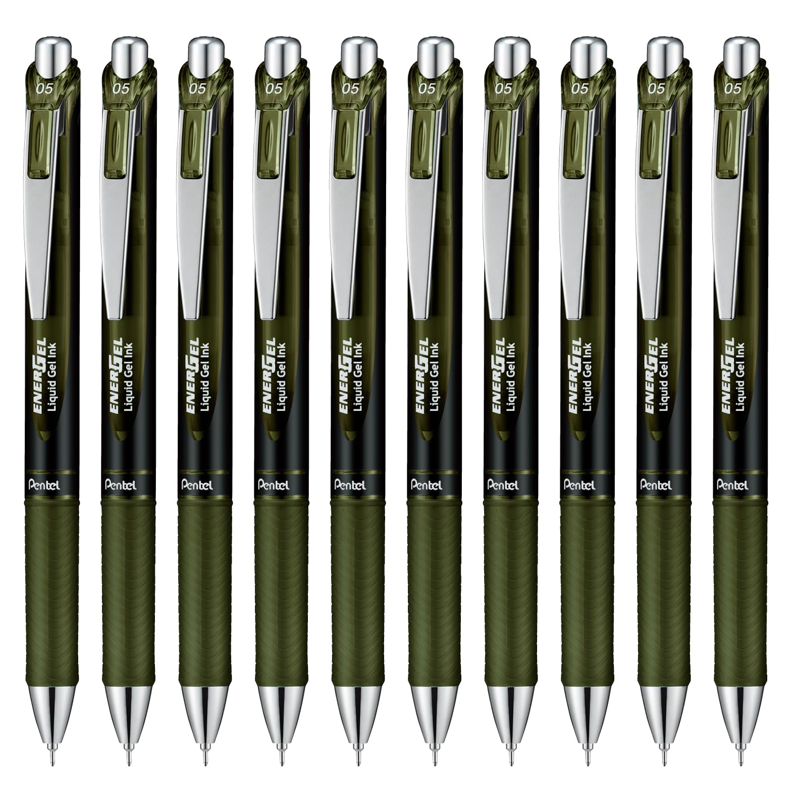 Pentel Energel Gel Ink Ballpoint Knock Olive 10 Pens Pen, Type, 0.5mm, BLN75A2-KA, Black,