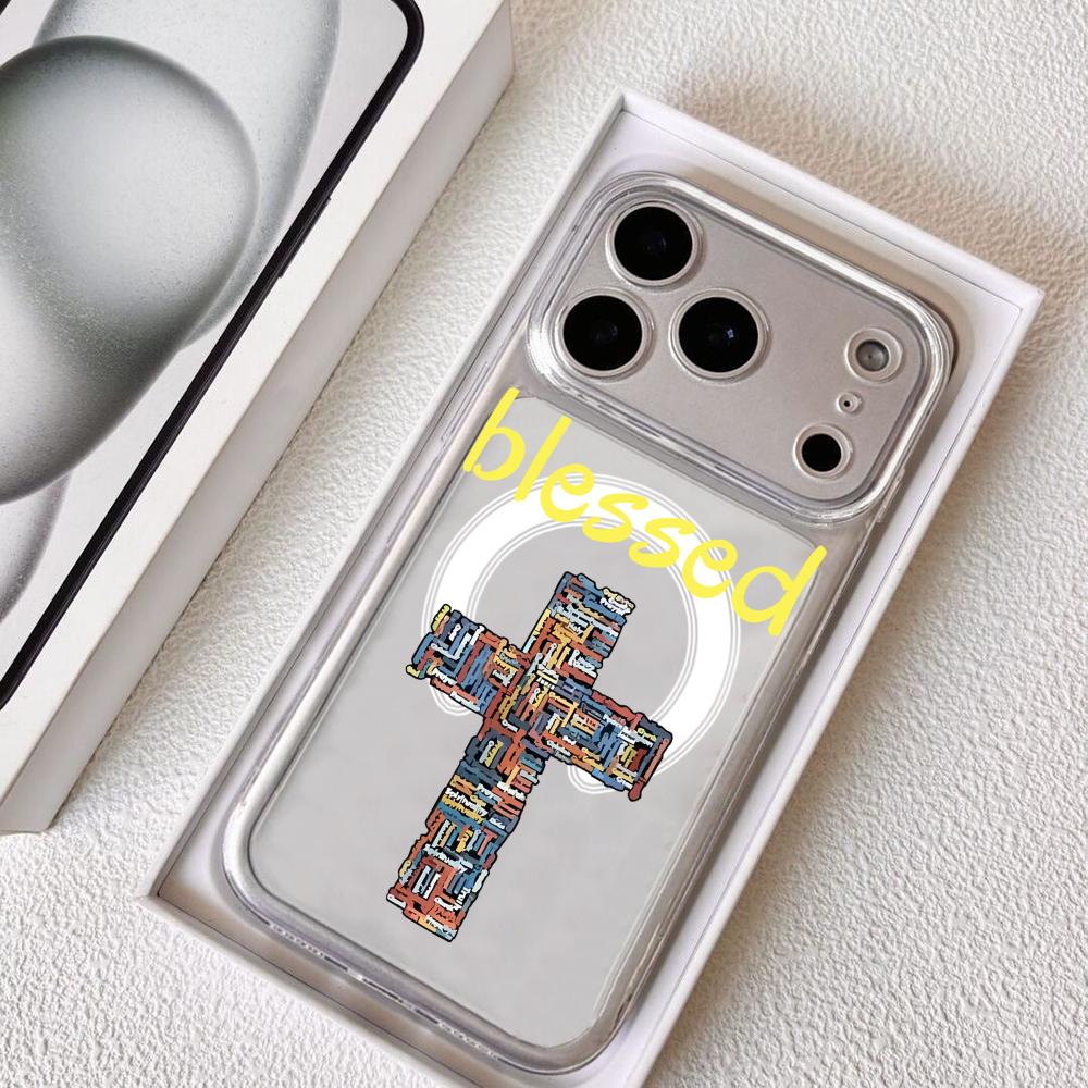 Fashion God Cross Phone Case For iPhone 17 16 15 14 13 12 Pro Max Plus With Magnetic Crystal Clear Case Wireless Charge
