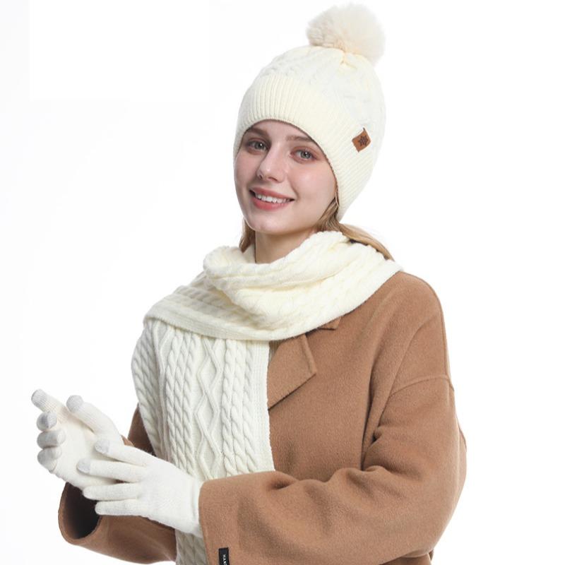 Hat Scarf Gloves Three Piece Set Winter Outdoor Velvet Warm Ear Protection Knitted Hat