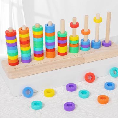 Wooden Rainbow Ring Toss Game Color Matching Stacking Preschool Learning Challenge Game Toddlers Educational Color Sorting