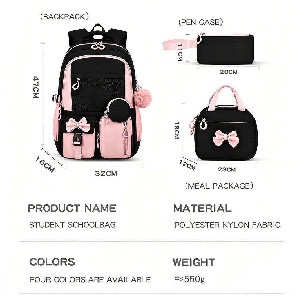 New Large Capacity Three-Piece Bow Backpack Set for Girls - Ideal for Junior High, High School, and College Students