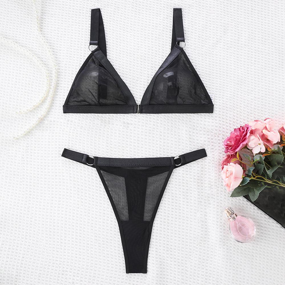 Black mesh splicing buckle-free erotic underwear set, female European and American sexy perspective light pajama set