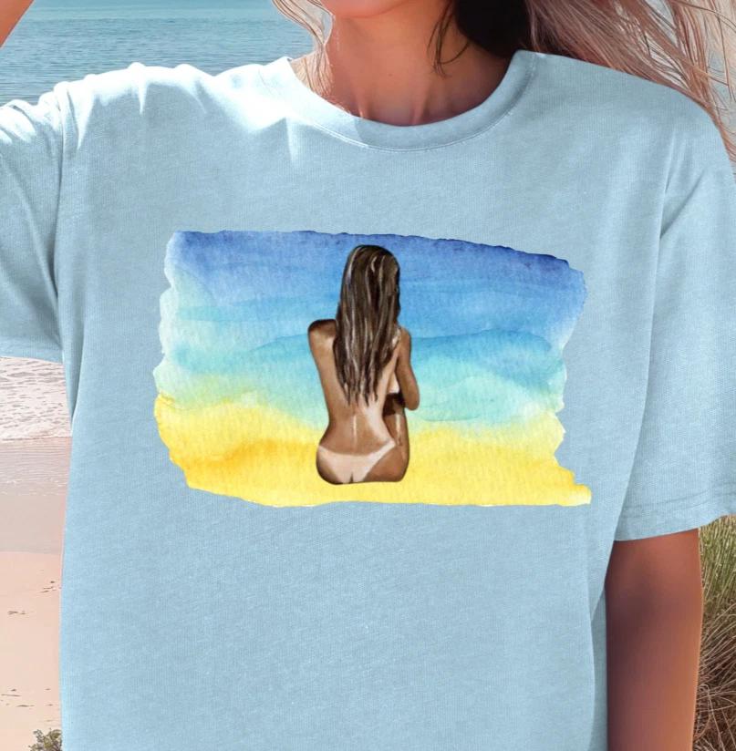 Naked Woman Sitting on Beach T-Shirt | Beach Sunset Art Tee, Nudist Shirt L