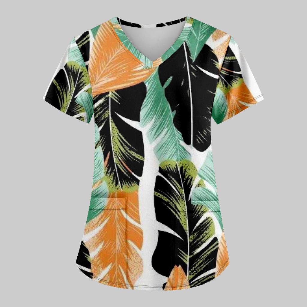 Women's Fashion Printed Work Uniform With Pocket T-Shirt Short Sleeve Top